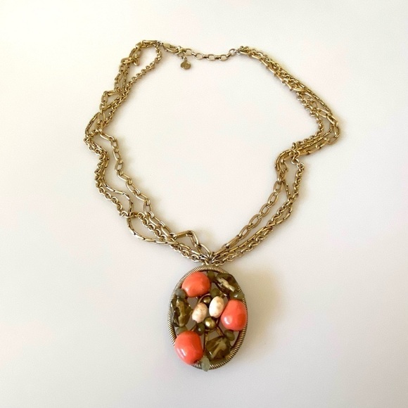 Necklace Pendant Acrylic Bead Work Light Gold Tone Multi Chains Chunky - Picture 11 of 12